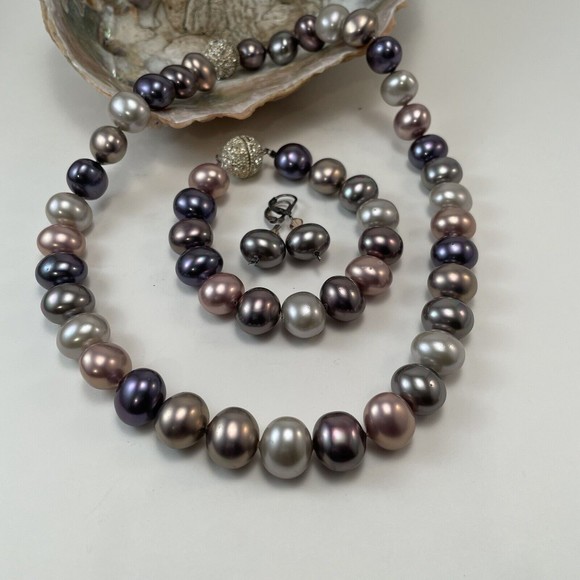 Pearl Necklace, Bracelet & Earring Set Large Multi Color Faux Fresh Water Pearls - Picture 1 of 10